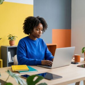 Femme utilisation la plateformede location Bradeloc Bénin